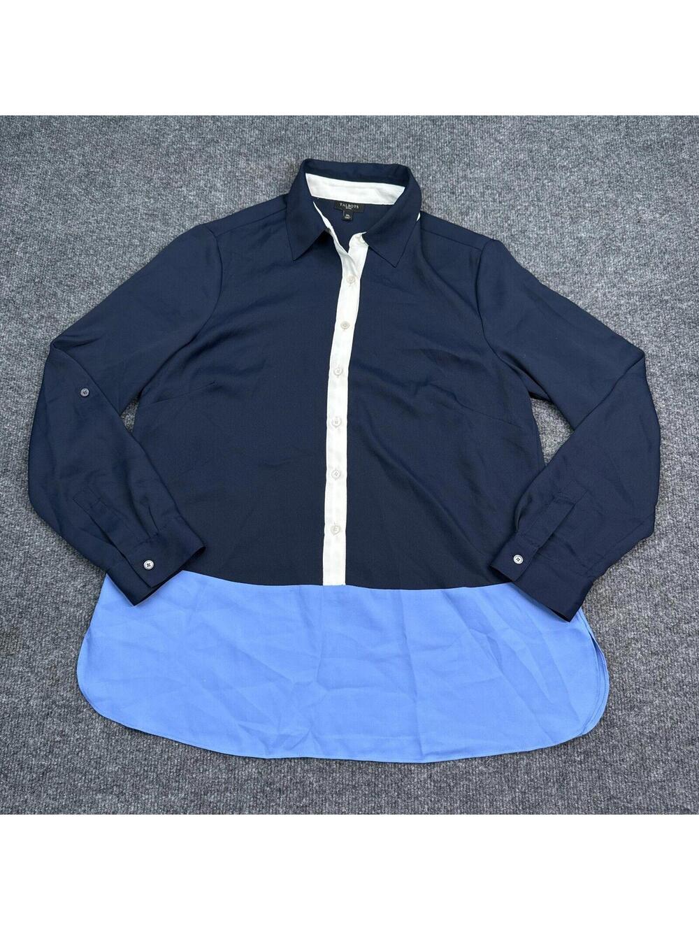 Talbots Blouse Top Womens Petite Size Medium Two Tone Blue Long Sleeve Button Up